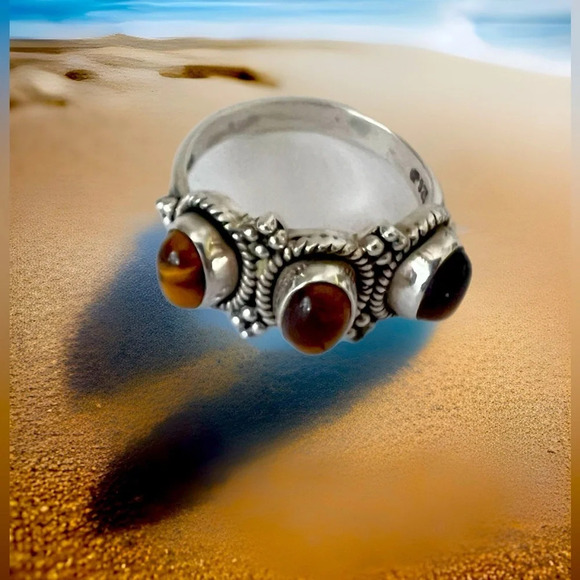 Doug Paulus DP India Sterling Silver Triple Oval Tigers Eye Ring - Size 9. - Picture 2 of 7